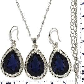 Necklace Earring Set Chain Tear Cut Gem Silver DK Blue FNE678