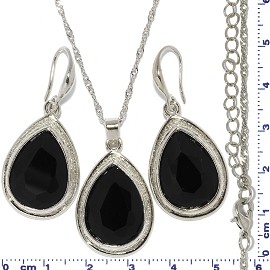 Necklace Earring Set Chain Tear Cut Gem Silver Black FNE679