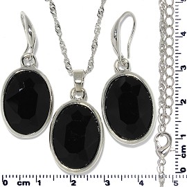 Necklace Earring Set Chain Oval Gem Silver Black FNE700