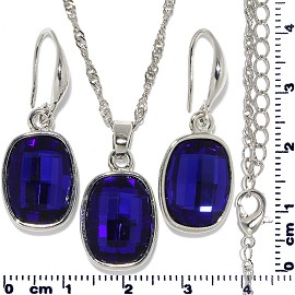 Necklace Earring Set Chain Rectangle Gem Silver Blue FNE703
