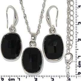 Necklace Earring Set Chain Rectangle Gem Silver Black FNE705
