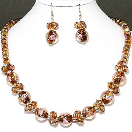 19" Crystal Glass Necklace Earring Brown Rose FNE713