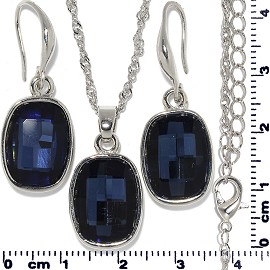 Necklace Earring Set Chain Rectangle Gem Silver Dark Blue FNE715