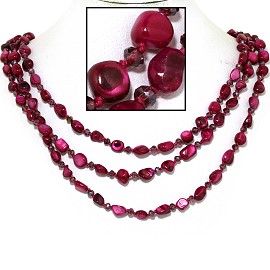 18" Necklace Three Line Stone Crystal Bead Magenta Red FNE719