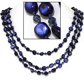 18" Necklace Three Line Stone Crystal Bead Dark Blue FNE721