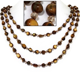 18" Necklace Three Line Stone Crystal Bead Brown Tan FNE722