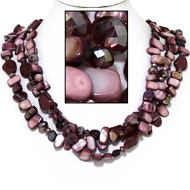 20" Necklace Three Line Flat Stone Bead Dark Purple Laven FNE738