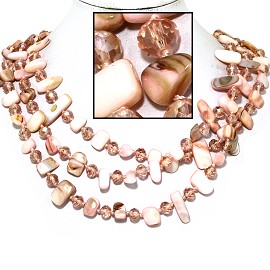 20" Necklace Three Line Flat Stone Crystal Bead LT Pink FNE746