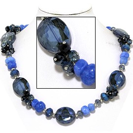 20" Necklace Smooth Stone Oval Crystal Bead Black Blue FNE749