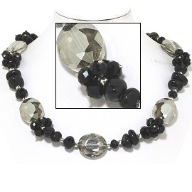 20" Necklace Smooth Stone Oval Crystal Bead Black Gray FNE750