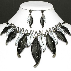 20" Necklace Earring Set Leaf Leaves Gray Black FNE754