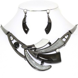 20" Necklace Earring Set Tooth Black Dark Gray FNE765
