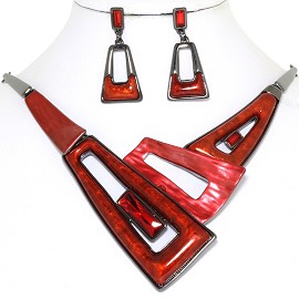 20" Necklace Earring Set Trapezoid Red Dark Gray FNE805