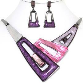 20" Necklace Earring Set Trapezoid Purple Pink Dark Gray FNE808