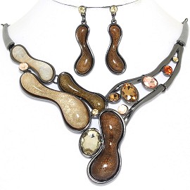 20" Necklace Earring Set Gem Peanut Gray Brown Tan FNE811