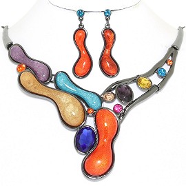 20" Necklace Earring Set Gem Peanut Gray Multi Color Oran FNE816