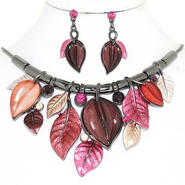 20" Necklace Earring Set Leaf Leaves Vine Gray Purple FNE896