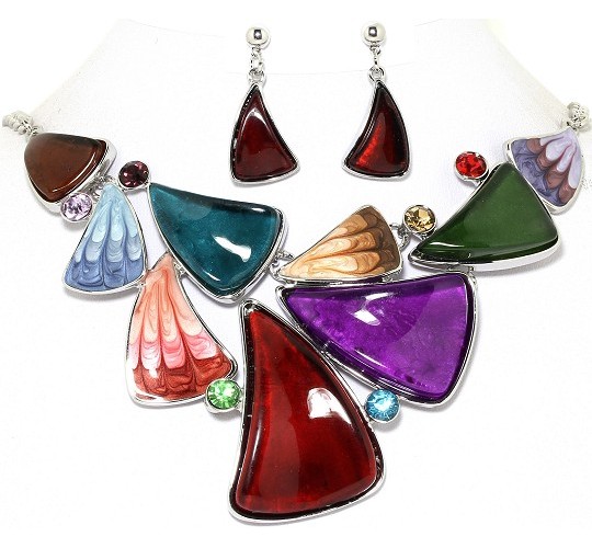 20" Necklace Earrings Set Triangle Gem Rhinestones Multi FNE900