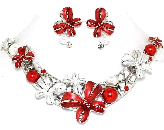 19" Butterfly Rhinestone Necklace Earrings Set Silver Red FNE919