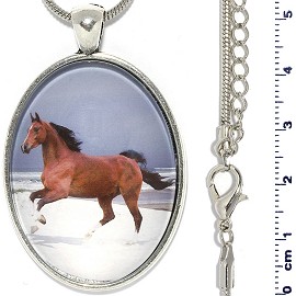 Metallic 18" Necklace Oval Horse Pendant Brown White FNE922