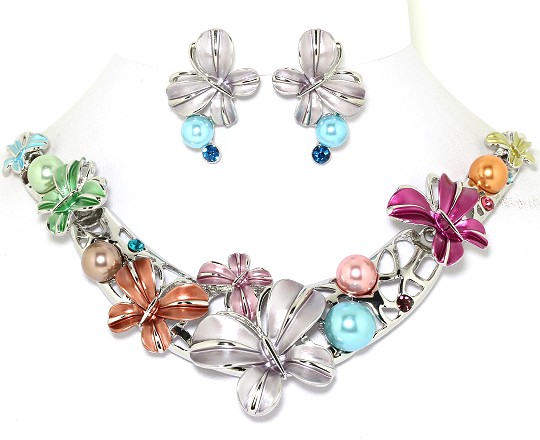 19" Butterfly Rhinestone Necklace Earrings Set Multi Colo FNE924