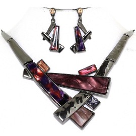 19.5" Necklace Earring Set Long Rectangle Gray Purple FNE925
