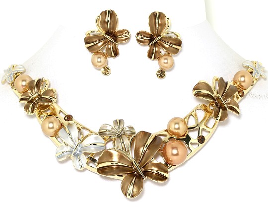 19" Butterfly Rhinestone Necklace Earrings Set Gold Tone FNE928
