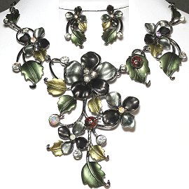 Necklace Earring Set Flower Rhinestone Black Gray Green FNE932