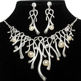 Necklace Earring Set Curve Line Faux Pearl Silver Cream FNE933