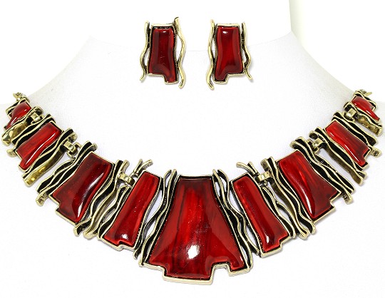 20" Rectangle Necklace Earrings Set Bronze Maroon Red FNE934