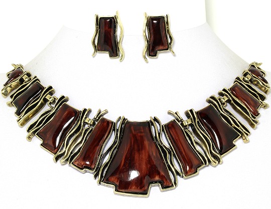 20" Rectangle Necklace Earrings Set Bronze Brown FNE936