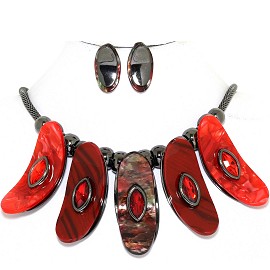 19.5" Necklace Earring Set Bent Oval Gem Gray Red FNE948