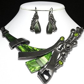 Necklace Earrings Set Line Gray Green FNE952