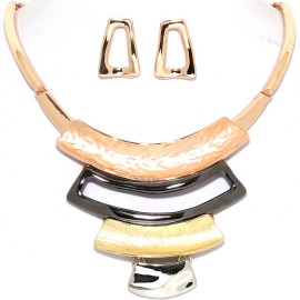 15"-18" Necklace Earrings Rectangle Curve Bar Multi Tone FNE970