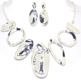 17"-20" Necklace Earrings Set Curve Oval Silver Tone FNE979