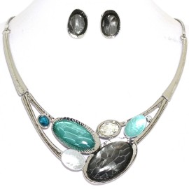 17"-20" Necklace Earrings Set Mix Co Oval Gem Silver Tone FNE980