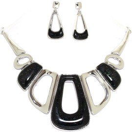 17"-20" Necklace Earrings Set Rectangle Gem Silver Black FNE995