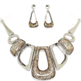 17"-20" Necklace Earrings Set Rectangle Gem Tan Brown FNE997