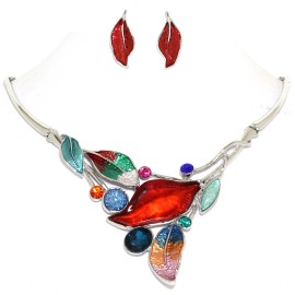 16"-19" Necklace Earrings Set Leaf Leaves Gems MultiColor FNE999