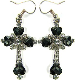 Obsidian Cross Crystals Silver Earrings Ger497