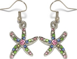 Rhinestone Earrings Starfish Silver Multi Color Ger007