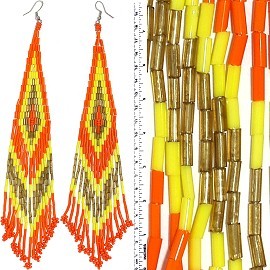 Dangle Earrings Beads Tubes Silver Tone Yellow Orange Gol Ger042