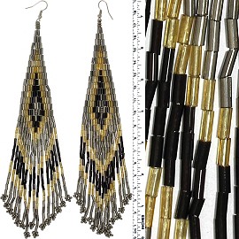 Dangle Earrings Beads Tubes Silver Tone Tan Gray Black Ger043