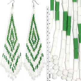 Dangle Earrings Beads Tubes Silver Tone White Green Ger056