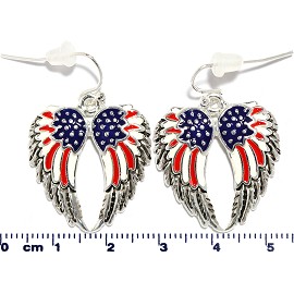 US Flag Angel Wings Earrings Red White Blue Silver Ger2204