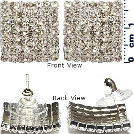 Rhinestone Covered Stud Earrings Square Silver Ger252