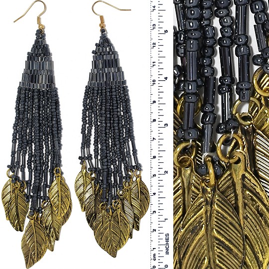 Indian Earrings Feather Bead Tube Dark Gray Gold Tone Ger372