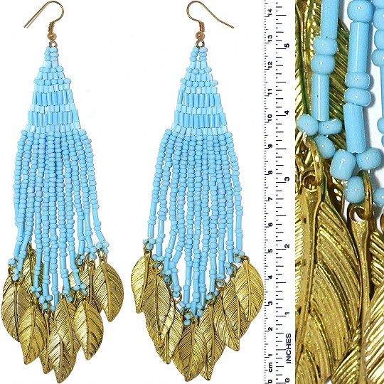Indian Earrings Feather Bead Tube Turquoise Gold Tone Ger374
