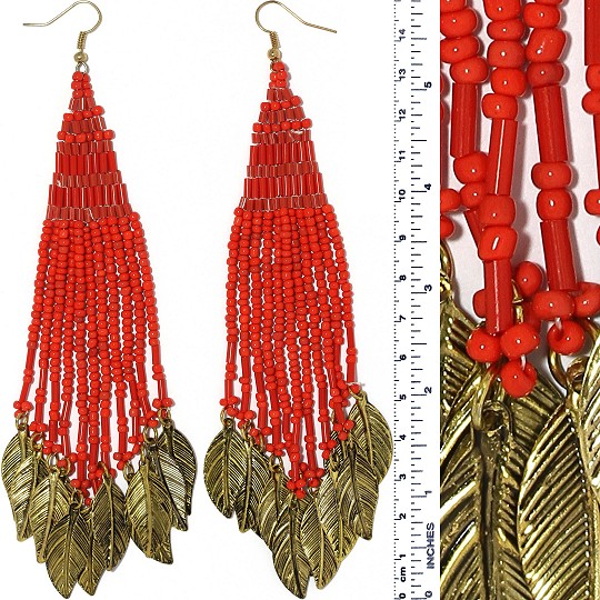 Indian Earrings Feather Bead Tube Red Gold Tone Ger381