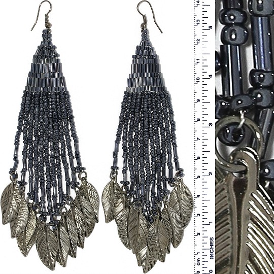 Indian Earrings Feather Bead Tube Graphite Dark Gray Tone Ger420